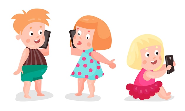 Niño pequeño usando teléfono inteligente fingiendo hablar por teléfono Conjunto de ilustraciones vectoriales