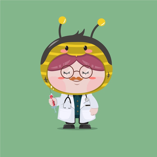 Vector un niño pequeño vestido con un disfraz de abeja doctora