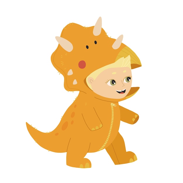 Niño pequeño vestido con mono kigurumi en forma de triceratops Niño disfrazado de dinosaurio o dragón con capucha y cola Acogedor pijama de dino Ilustración de vector plano de dibujos animados en estilo garabato