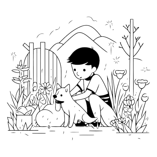 Niño con perro en el jardín en estilo de arte en línea