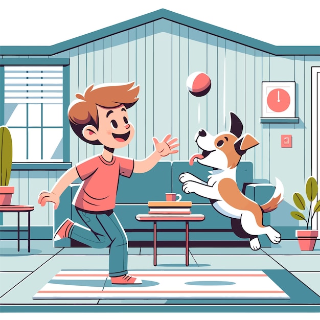 un niño y un perro jugando a la pelota juntos dentro de una casa