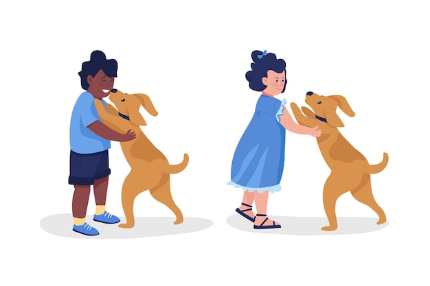 Niño con perro mascota juego de caracteres de vector de color semi plano