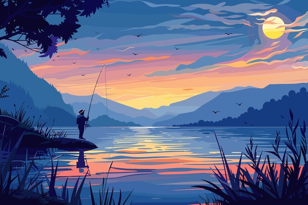 Niño pescando al atardecer
