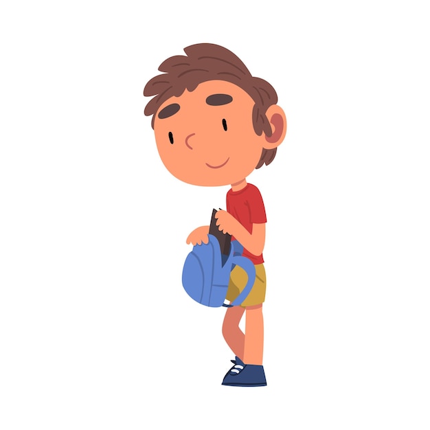 Vector niño de pie con mochila estudiante actividad de rutina diaria ilustración vectorial de dibujos animados