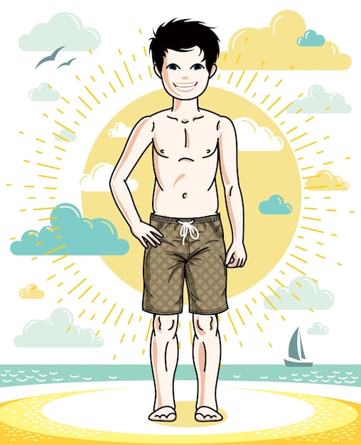 Niño de pie con pantalones cortos de playa de moda. Vector ilustración humana bastante agradable. Dibujos animados temáticos de moda y estilo de vida.