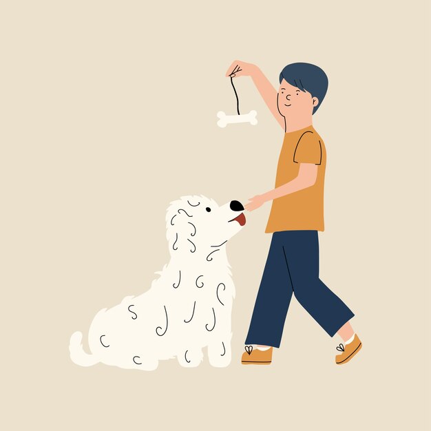 Un niño con una pierna protésica juega con su perro Ilustración vectorial en estilo dibujado a mano