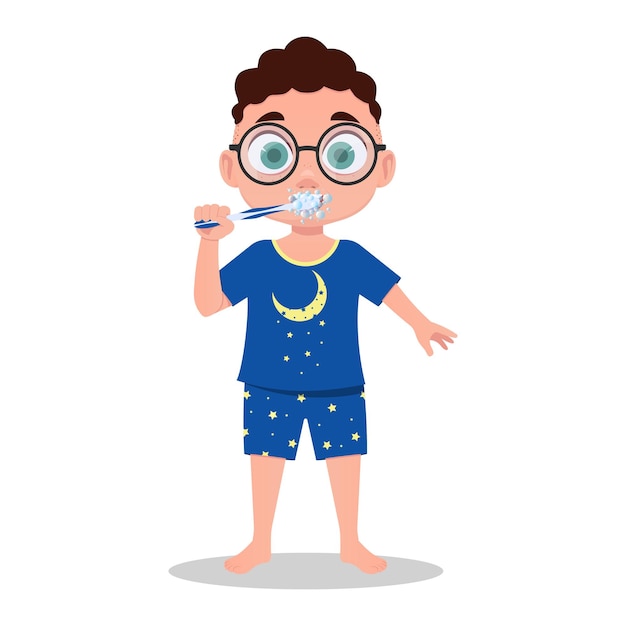 Un niño en pijama se cepilla los dientes. ilustración vectorial
