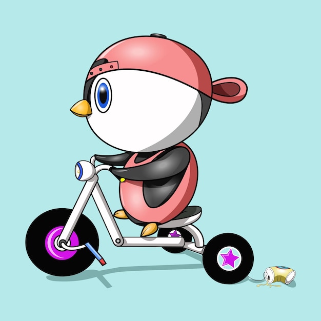 Un niño pingüino está tratando de aprender a andar en bicicleta.