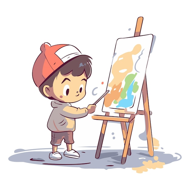 Vector niño pintando en el caballete ilustración vectorial niño lindo dibujando en el lienzo