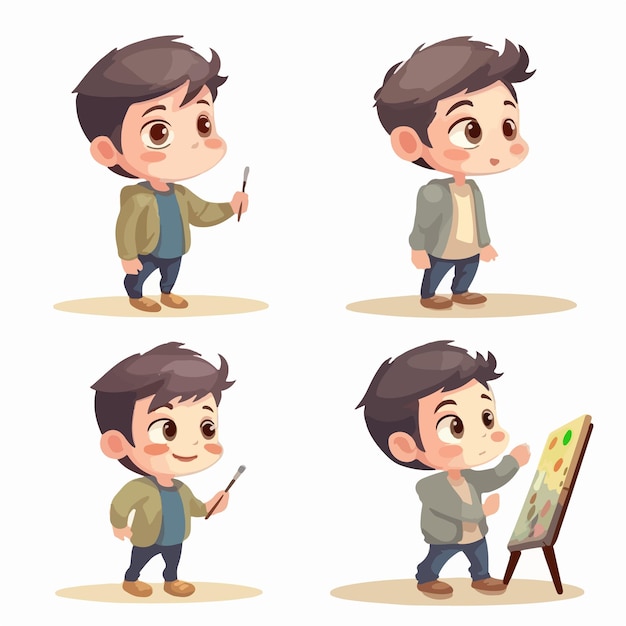Niño pintor vestido con un traje artístico ilustración vectorial estilo dibujos animados para niños pequeños