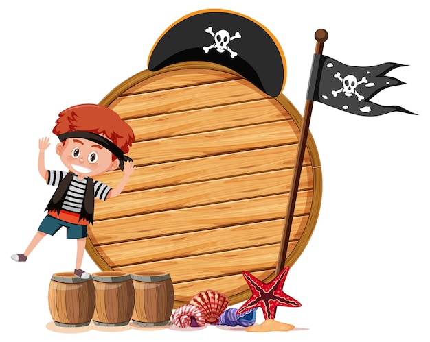 Vector un niño pirata con una pancarta vacía aislado sobre fondo blanco.