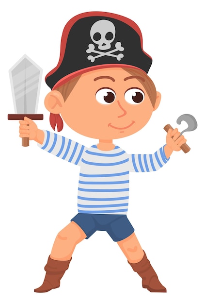 Vector niño pirata con sombrero negro con gancho y espada