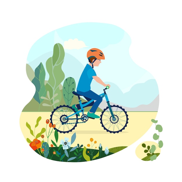 Niño plano feliz en bicicleta en un camino del parque con flores y hojas Niño montando bicicleta colorida deporte al aire libre en el paisaje natural de verano por vía vía a través de la ilustración vectorial verde