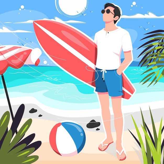 Niño posando con tabla de surf en la playa ilustración