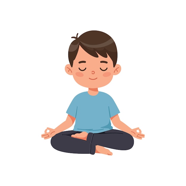 Niño practicando la atención con los ojos cerrados en una postura serena Ilustración vectorial de diseño plano