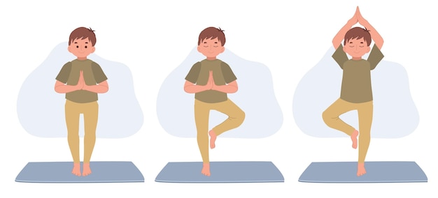 Niño practicando yoga de pie en el ejercicio Vrksasana con namaste Tree pose trabajando con niños y un estilo de vida saludable ilustración vectorial deportiva