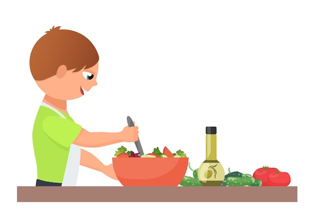 Un niño preparando ensalada.