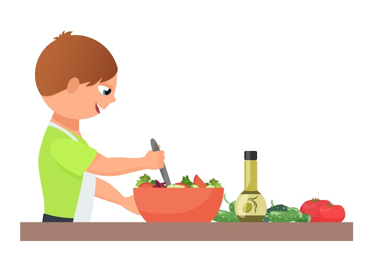 Vector un niño preparando ensalada.