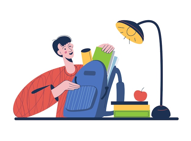 Niño preparando su bolsa de la escuela y poniendo libros y papelería en una mochila de regreso al concepto de la escuela