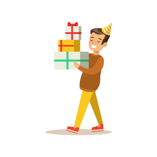 niño, proceso de llevar, amontonado, presentes, niños, cumpleaños, fiesta, escena, con, caricatura, sonriente, carácter