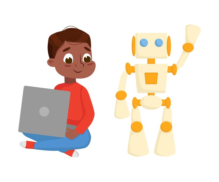 Vector niño programando robots inteligentes electrónica educación ingeniería de hardware de alta tecnología estilo de dibujos animados