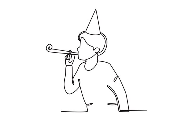 Un niño que celebra la víspera de Año Nuevo toca una trompeta Dibujo oneline de Nochevieja