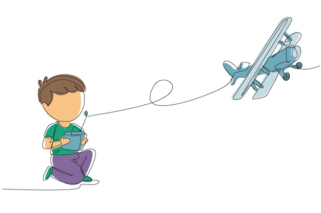 Niño que dibuja una sola línea jugando con un avión controlado por radio Niño sonriente que vuela controlado avión RC Concepto de pasatiempo de la infancia feliz Diseño gráfico vectorial de dibujo de líneas continuas moderno