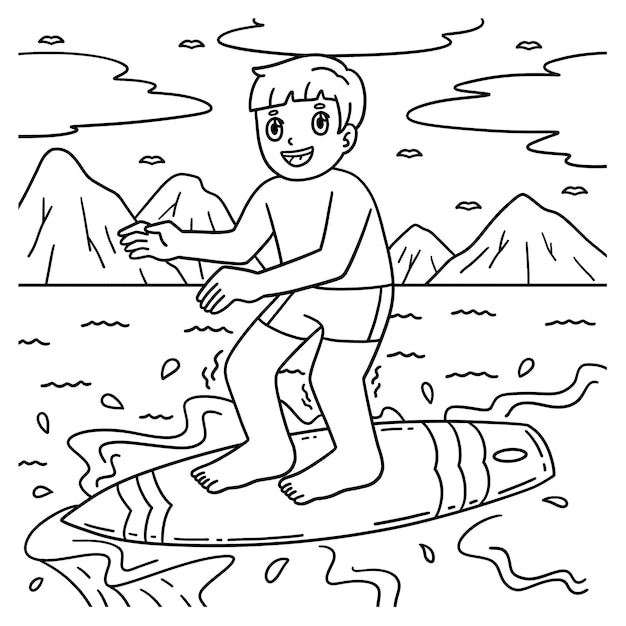 El niño que hace surf equilibrándose en una tabla de surf