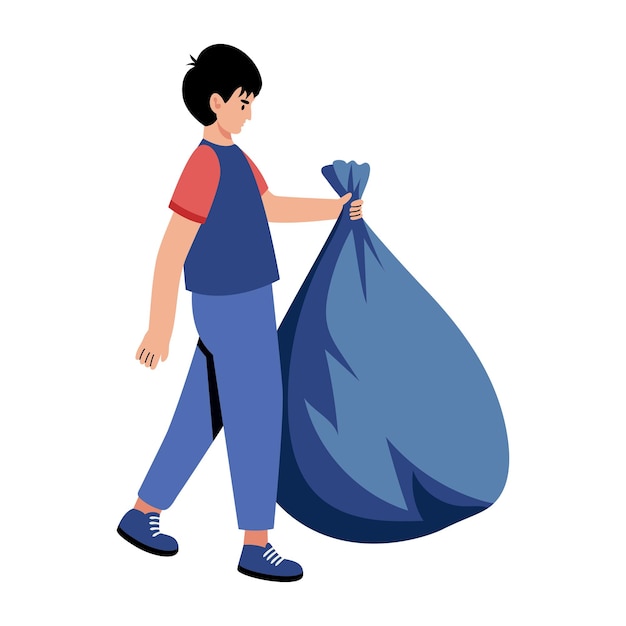 Niño que lleva una bolsa de basura azul