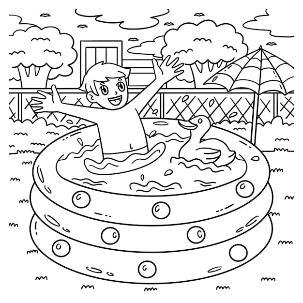 El niño que nada en una piscina inflable