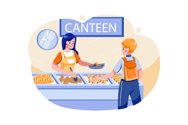 Niño recogiendo comida de la cantina de la escuela
