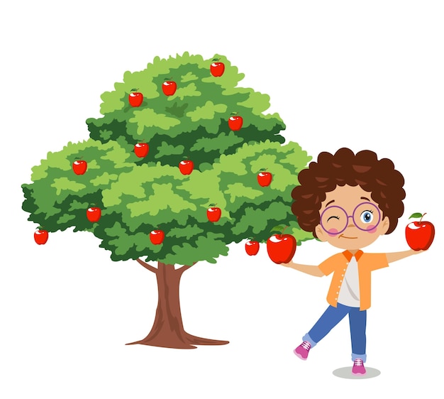 Niño recogiendo manzanas del árbol