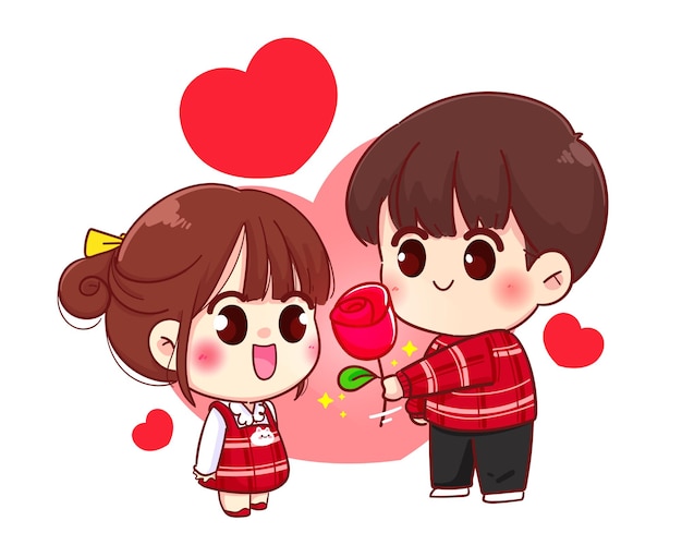 Niño regalar flores a las niñas linda pareja, feliz día de San Valentín, ilustración de personaje de dibujos animados