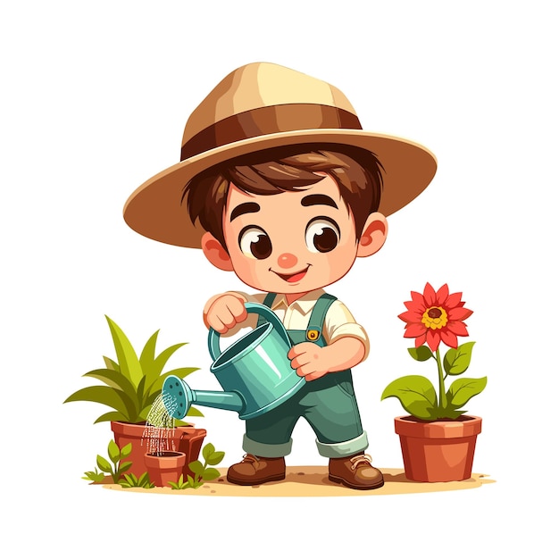 Un niño regando una planta de flores Ilustración vectorial de dibujos animados