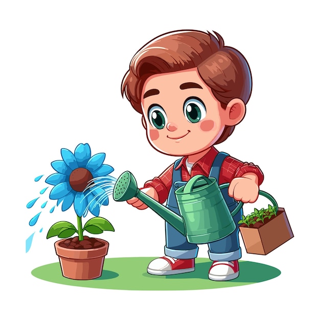 Un niño regando una planta de flores Ilustración vectorial de dibujos animados