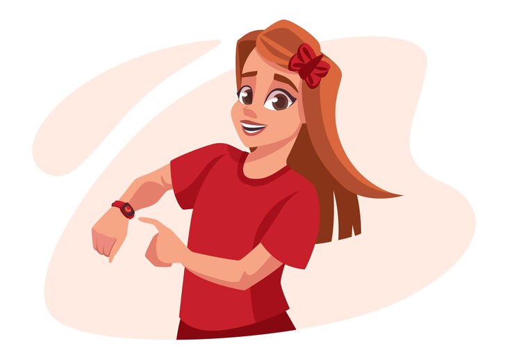 Vector niño con reloj niño mira a la mano con reloj de pulsera cara del reloj medición del tiempo adolescente puntual que muestra el reloj en la muñeca del brazo persona de dibujos animados vectorial que señala con el dedo el dial