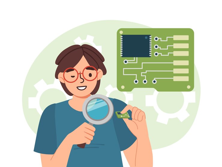 Vector niño repara el concepto de chip de computadora joven con lupa técnico especialista tecnologías modernas e innovaciones parte y procesador de computadora ilustración de vector plano de dibujos animados