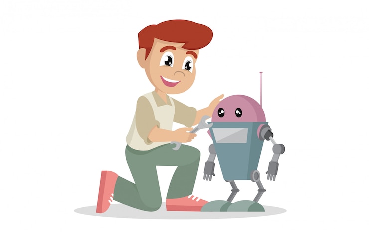 Vector niño reparando juguete robot.