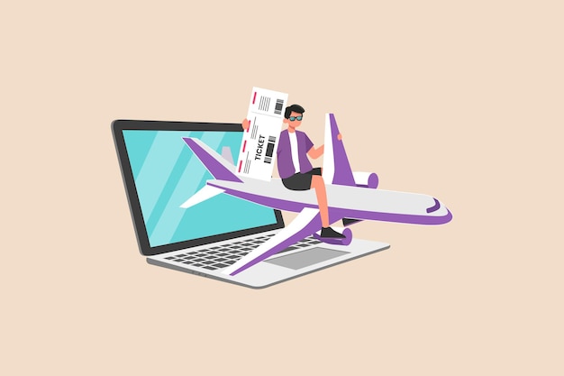 Niño reservando boletos de avión en línea a través de una computadora portátil Concepto de boleto en línea Ilustración de vector de dibujos animados planos de color