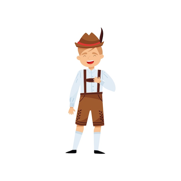 Niño riendo con traje nacional bávaro niño con camisa tradicional lederhosen y sombrero con pluma