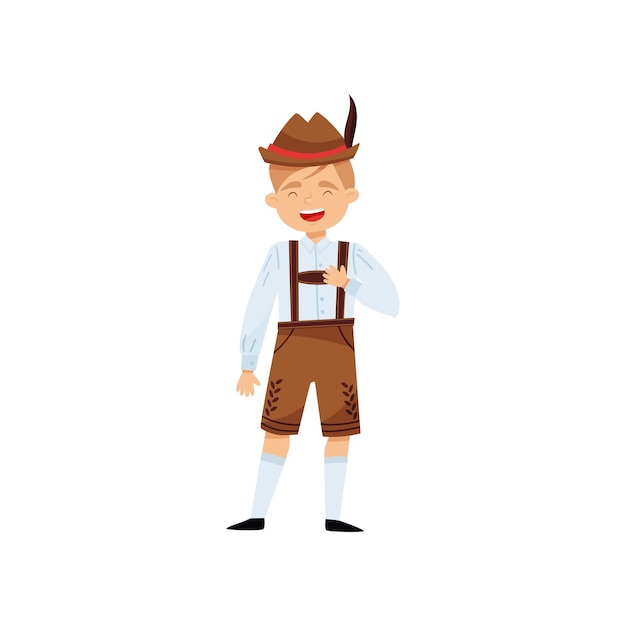 Vector niño riendo con traje nacional bávaro niño con camisa tradicional lederhosen y sombrero con pluma