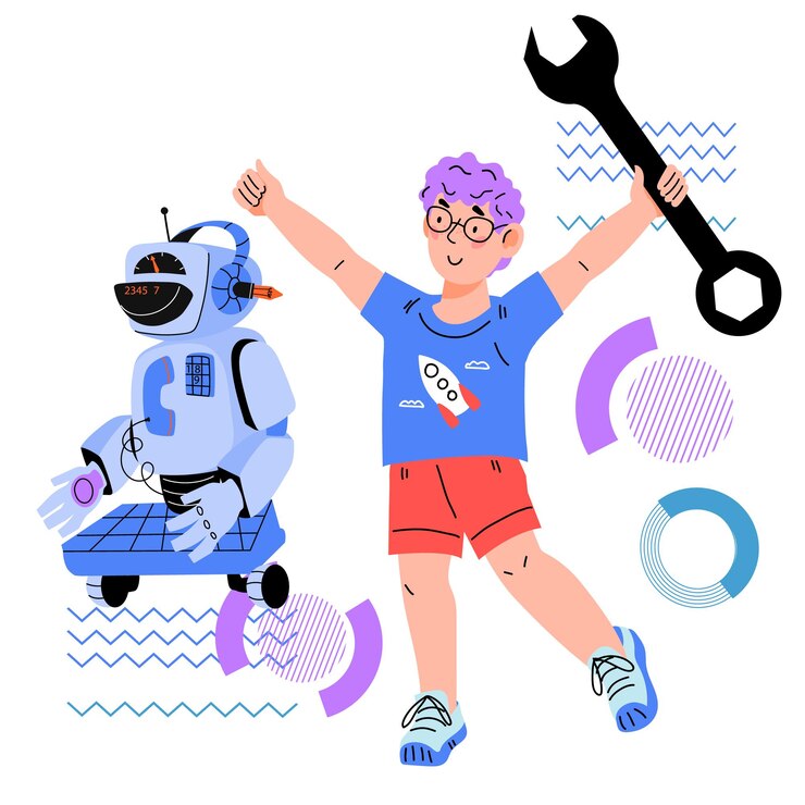 Vector niño robótica e ingeniería programación tecnología educación vector plano aislado