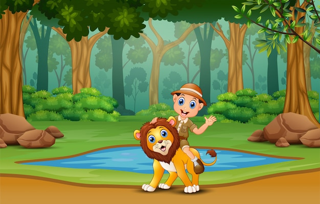Un niño safari con león en la jungla