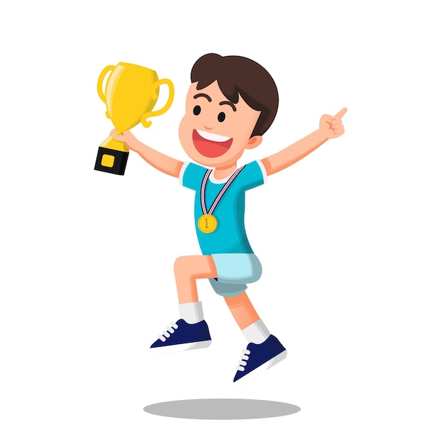 niño saltando sosteniendo un trofeo y vistiendo medalla de oro