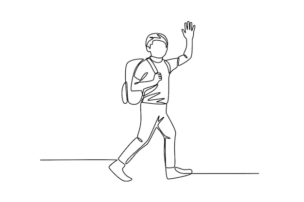 Un niño saludando mientras se va a la escuela de vuelta a la escuela concepto de dibujo en línea