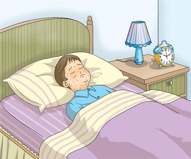 Vector niño con sarampión descansando en la cama