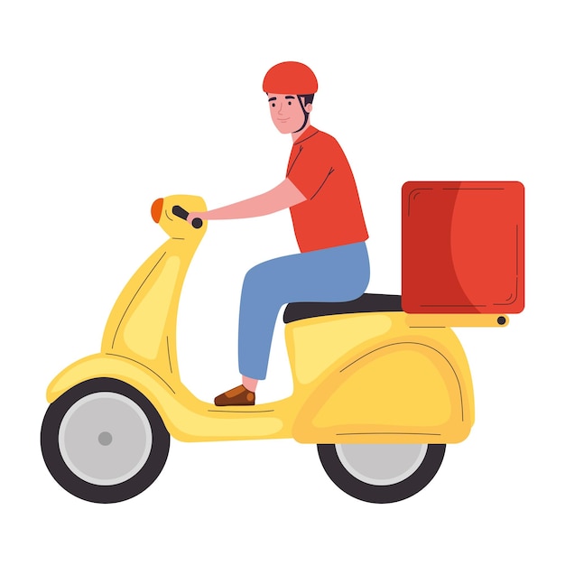 Niño en scooter entregando paquetes icono aislado