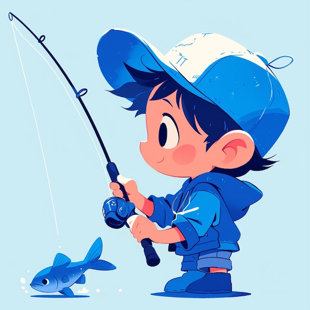 Vector un niño de seattle atrapa peces al estilo de los dibujos animados
