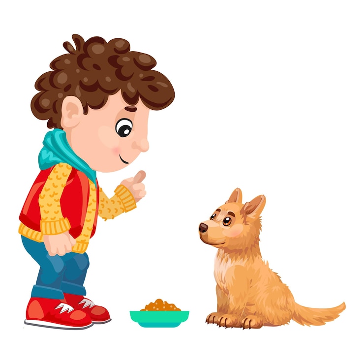 Vector niño señalando comida para perros en un cuenco para entrenar