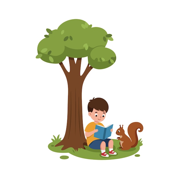 Niño sentado bajo un árbol leyendo un libro con una ardilla amigable en una ilustración vectorial de una escena pacífica al aire libre